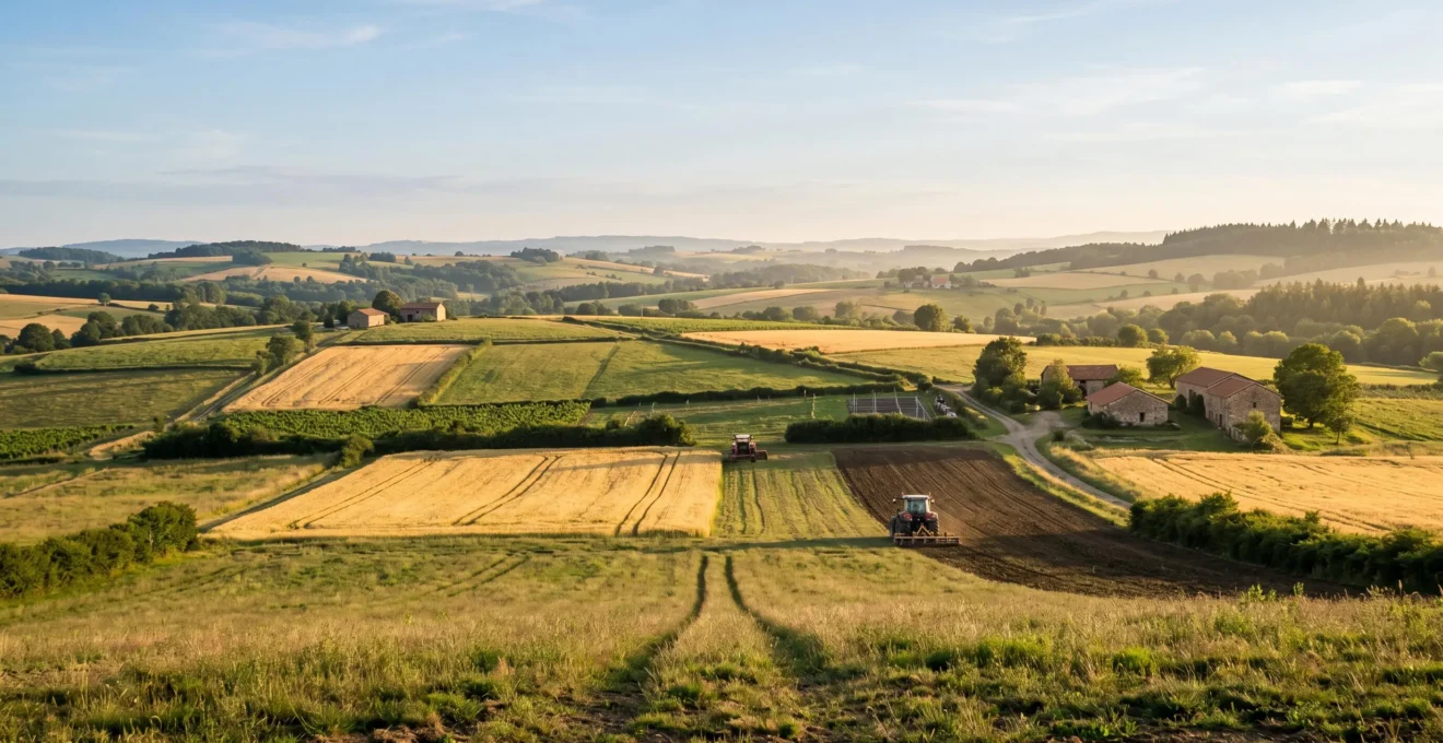 Vue panoramique d'une exploitation agricole française moderne intégrant technologie et traditions