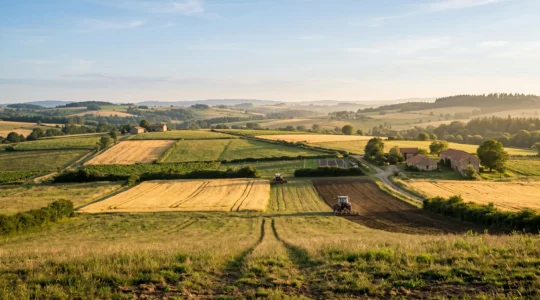 Vue panoramique d'une exploitation agricole française moderne intégrant technologie et traditions