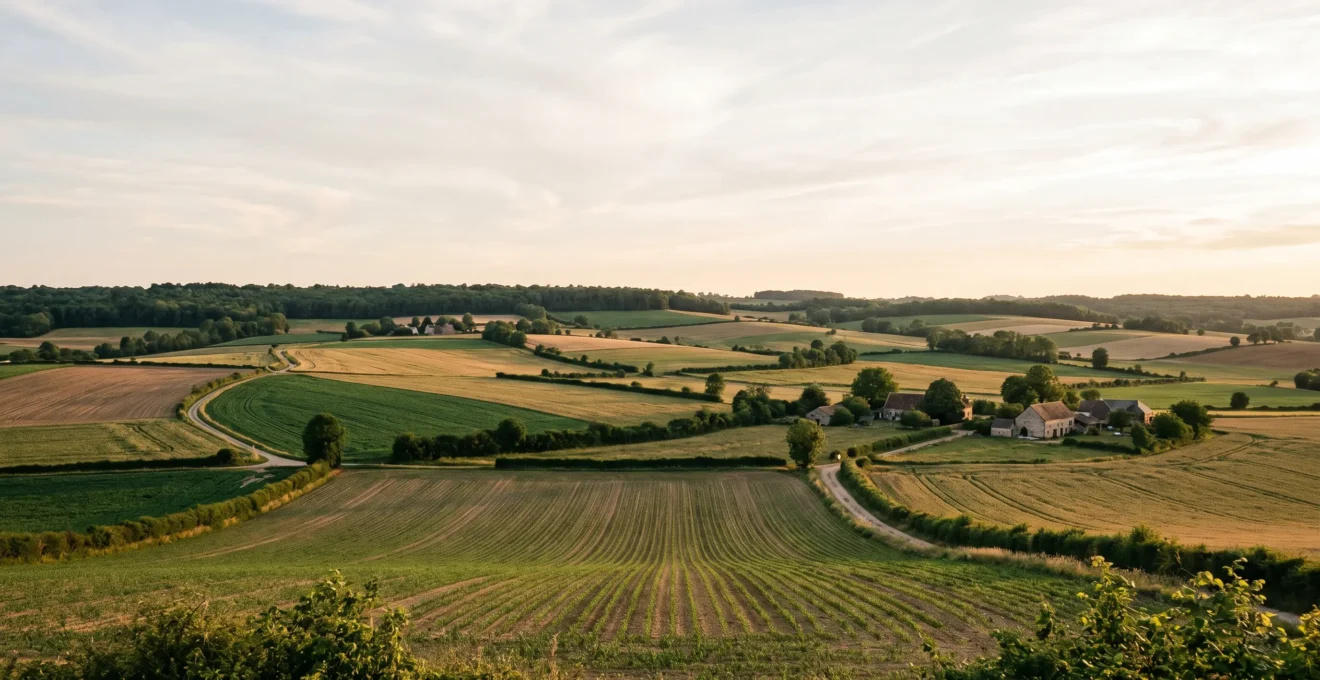 Vue panoramique d'un paysage agricole français montrant la diversité des cultures et l'aménagement du territoire rural