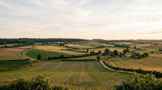 Vue panoramique d'un paysage agricole français montrant la diversité des cultures et l'aménagement du territoire rural