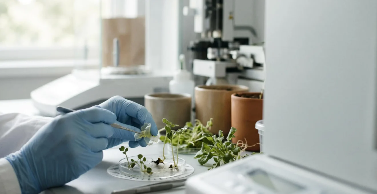 Biologiste en laboratoire analysant des échantillons végétaux pour l'agriculture de précision