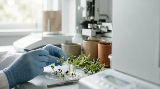 Biologiste en laboratoire analysant des échantillons végétaux pour l'agriculture de précision