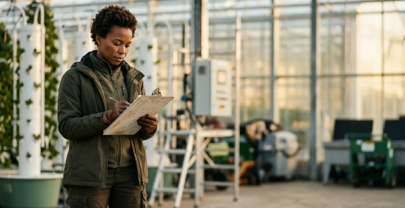 Professionnel agricole dans un environnement de travail moderne illustrant la progression de carrière dans le secteur