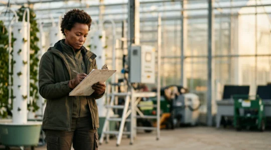 Professionnel agricole dans un environnement de travail moderne illustrant la progression de carrière dans le secteur