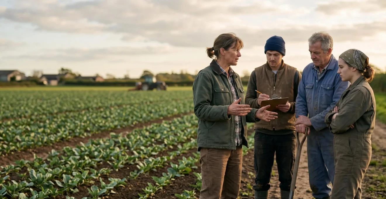 Chef d'exploitation agricole en discussion avec son équipe de salariés sur une exploitation