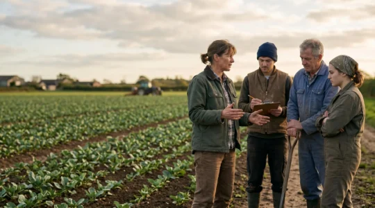 Chef d'exploitation agricole en discussion avec son équipe de salariés sur une exploitation