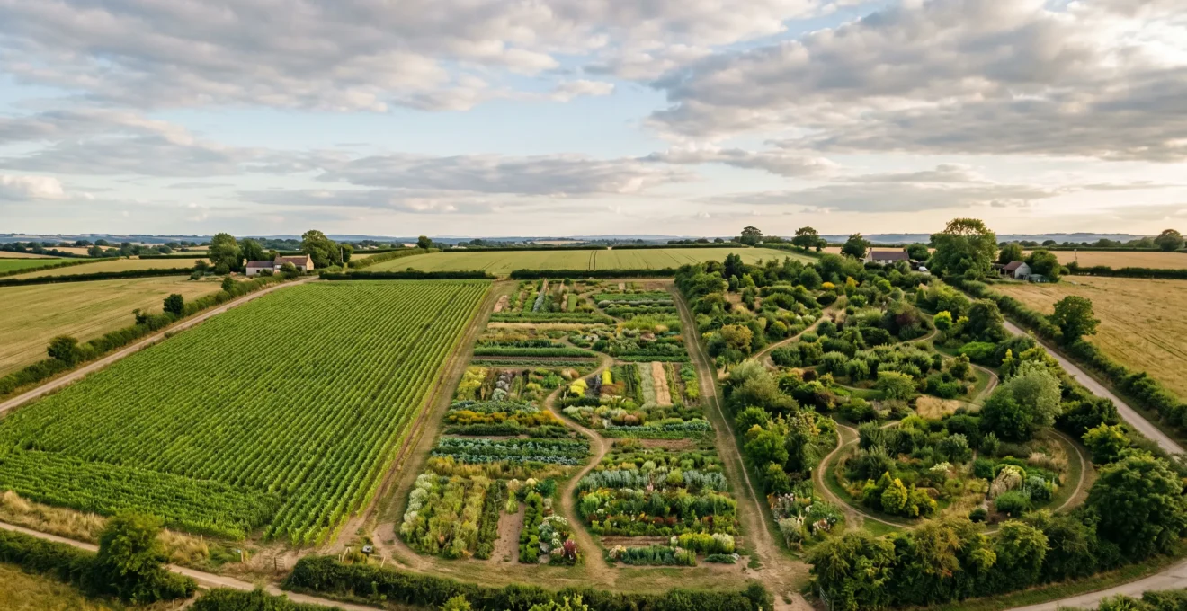 Paysage agricole diversifié montrant différents systèmes de culture sans texte ni signalétique