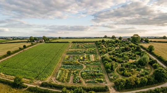 Paysage agricole diversifié montrant différents systèmes de culture sans texte ni signalétique