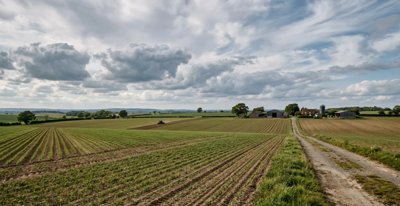 Vue panoramique d'une exploitation agricole moderne avec champs cultivés et bâtiments sous un ciel nuageux