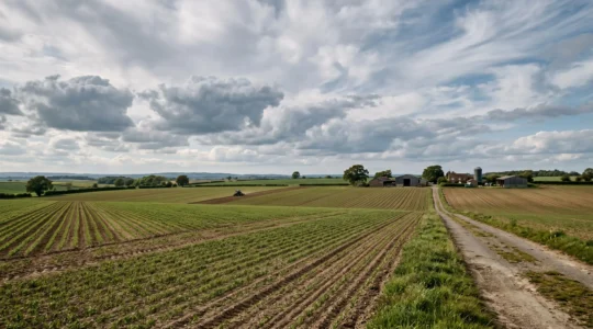 Vue panoramique d'une exploitation agricole moderne avec champs cultivés et bâtiments sous un ciel nuageux