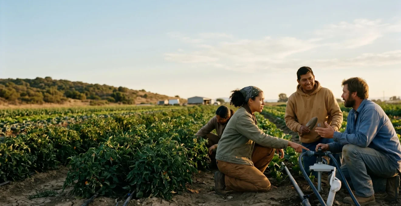 Vue d'ensemble d'une exploitation agricole moderne avec équipe de salariés en formation pratique
