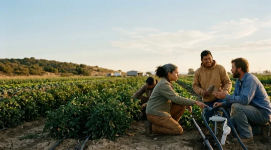 Vue d'ensemble d'une exploitation agricole moderne avec équipe de salariés en formation pratique