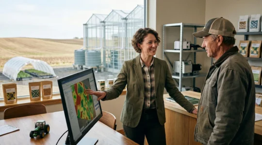 Professionnel agricole dans un environnement de production agroalimentaire moderne