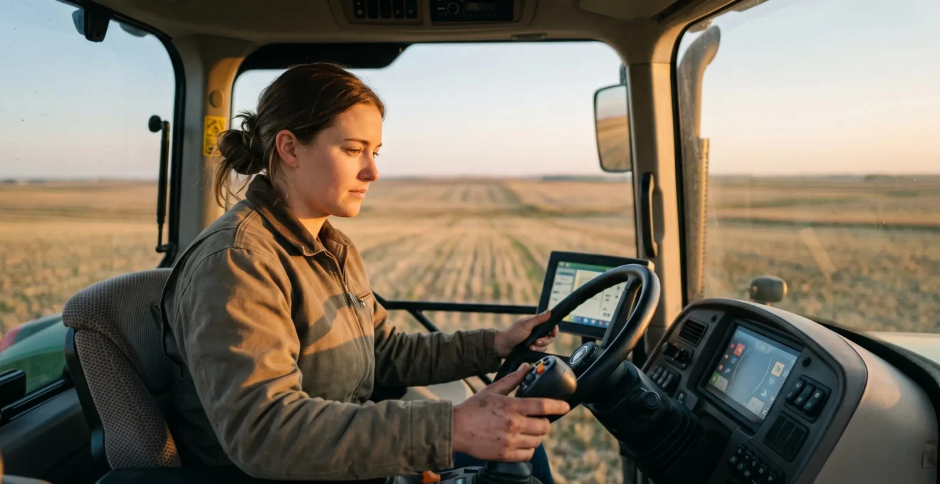 Professionnel agricole manœuvrant un tracteur moderne équipé de technologies de précision dans un champ au lever du soleil