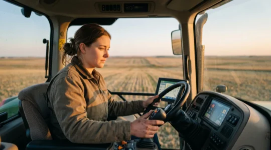 Professionnel agricole manœuvrant un tracteur moderne équipé de technologies de précision dans un champ au lever du soleil