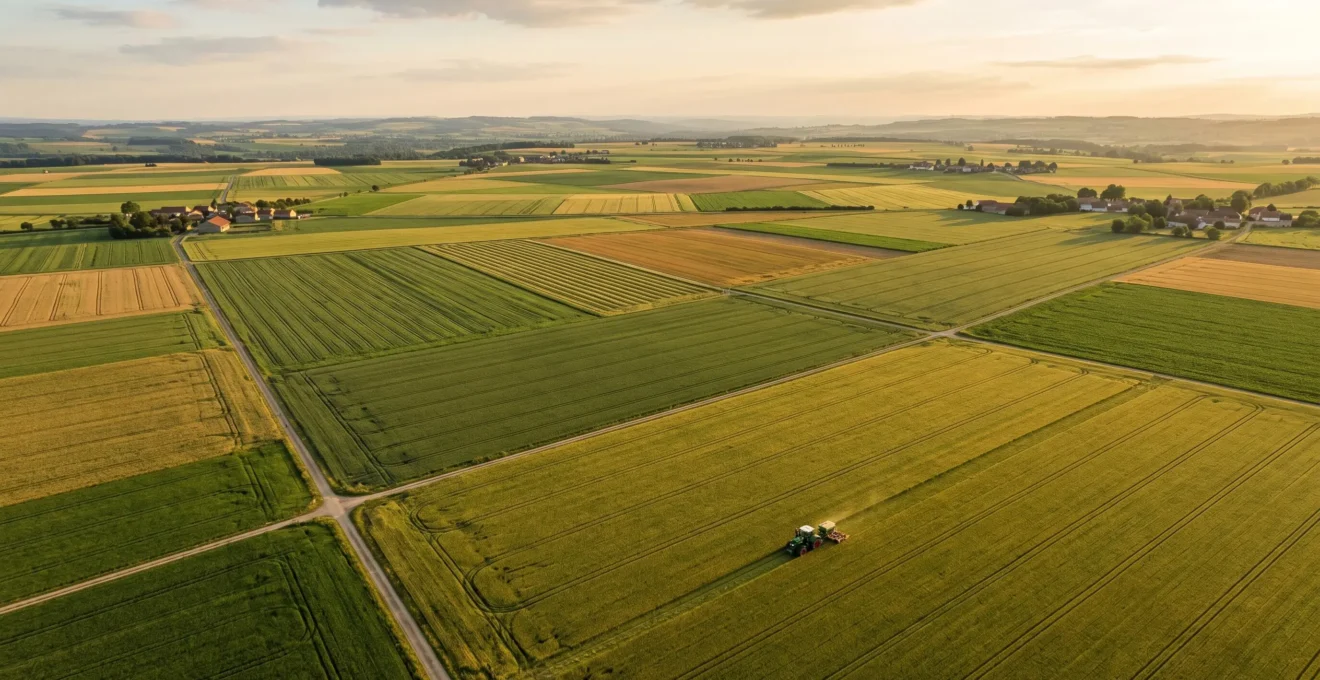Vue aérienne d'une vaste exploitation agricole française moderne avec ses équipements de précision