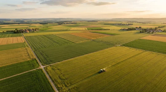 Vue aérienne d'une vaste exploitation agricole française moderne avec ses équipements de précision