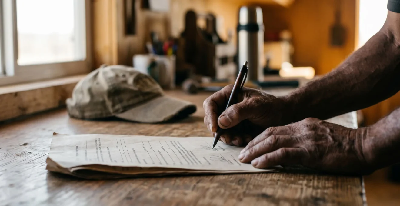 Mains d'agriculteur signant un document contractuel symbolisant la transition vers un emploi stable en agriculture