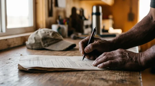 Mains d'agriculteur signant un document contractuel symbolisant la transition vers un emploi stable en agriculture