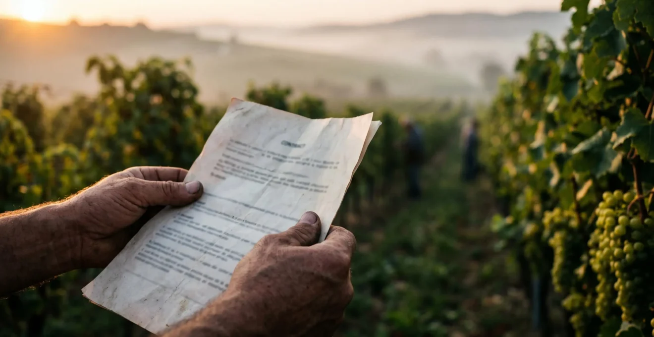 Vendangeur signant un document contractuel dans un vignoble au lever du soleil