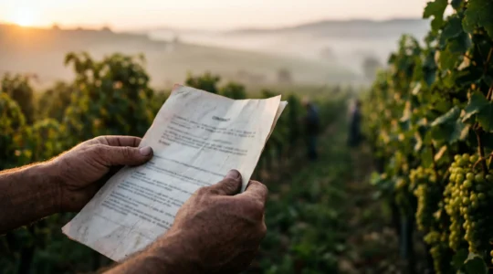 Vendangeur signant un document contractuel dans un vignoble au lever du soleil