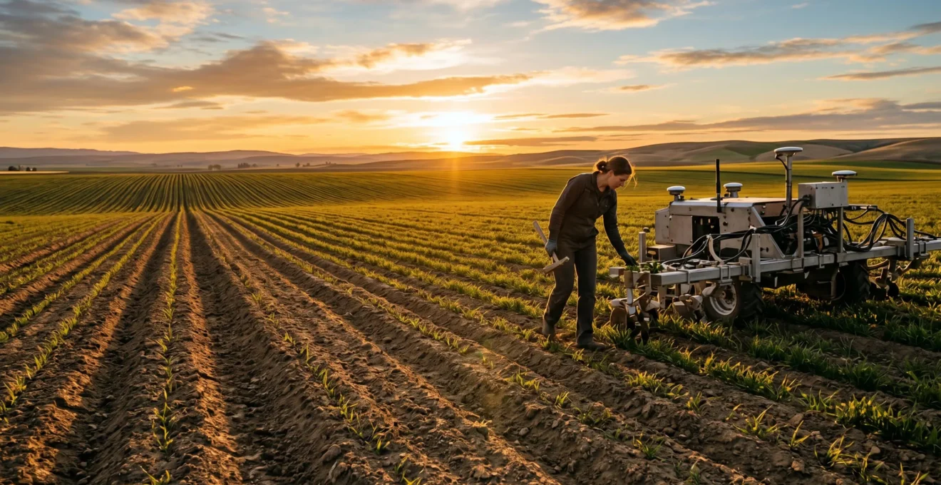 Scène agricole contemporaine symbolisant l'innovation et la créativité dans l'exploitation