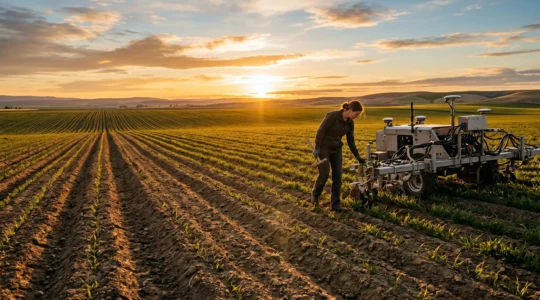 Scène agricole contemporaine symbolisant l'innovation et la créativité dans l'exploitation