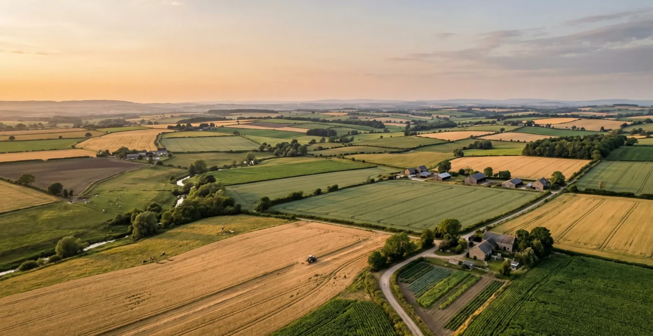Vue panoramique d'une exploitation agricole moderne illustrant la croissance et la diversification des activités