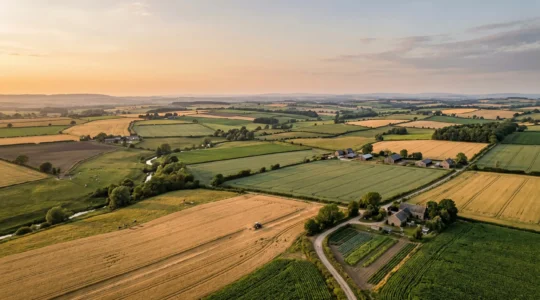Vue panoramique d'une exploitation agricole moderne illustrant la croissance et la diversification des activités