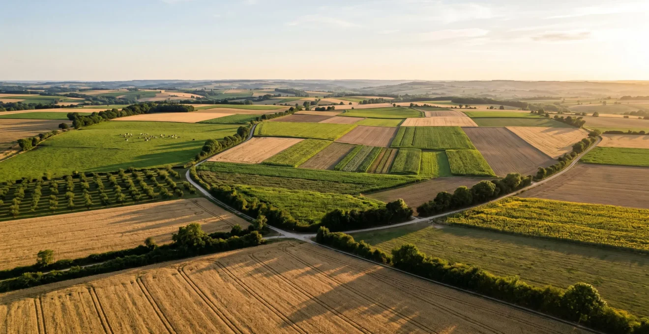 Paysage agricole français avec champs diversifiés et cultures variées illustrant les différentes filières de valorisation