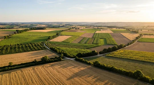 Paysage agricole français avec champs diversifiés et cultures variées illustrant les différentes filières de valorisation