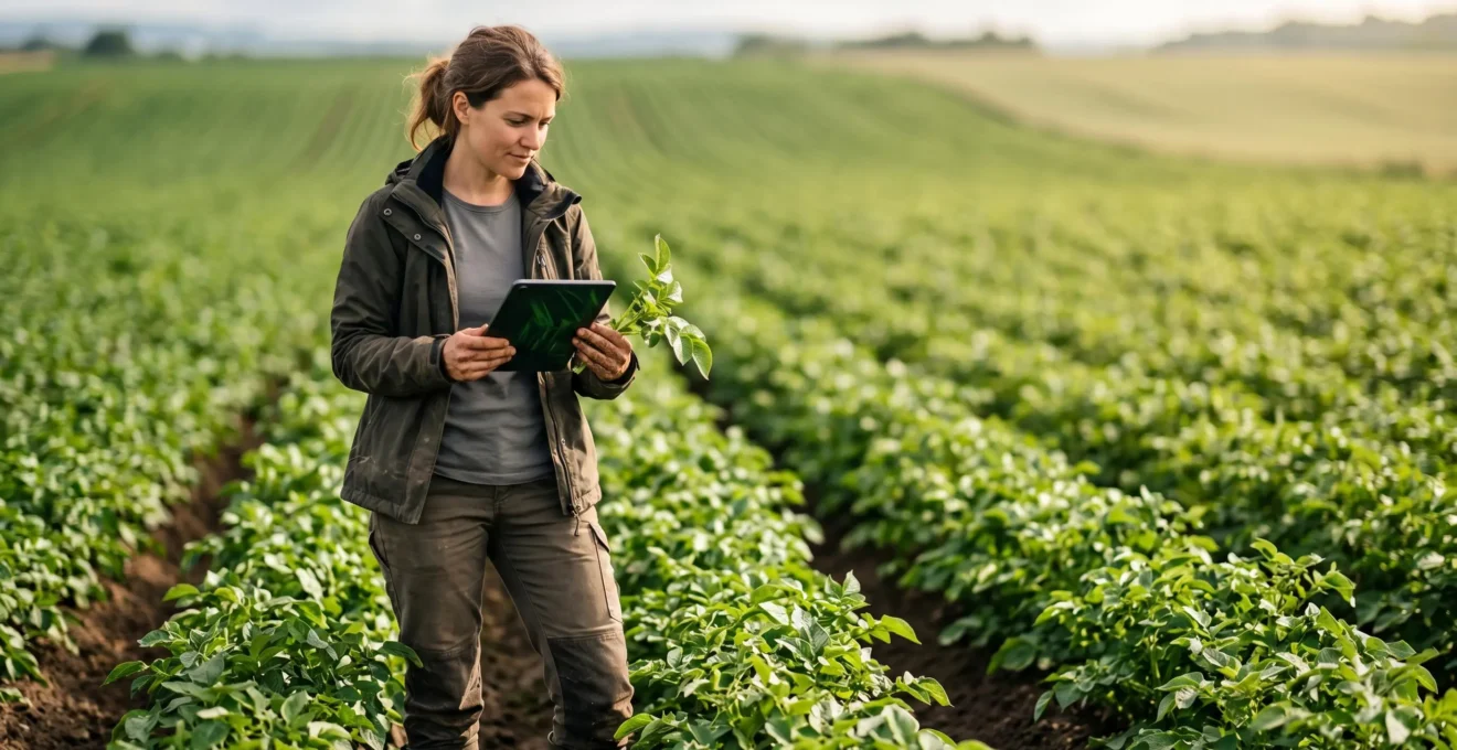 Jeune professionnel en formation pratique sur une exploitation agricole moderne