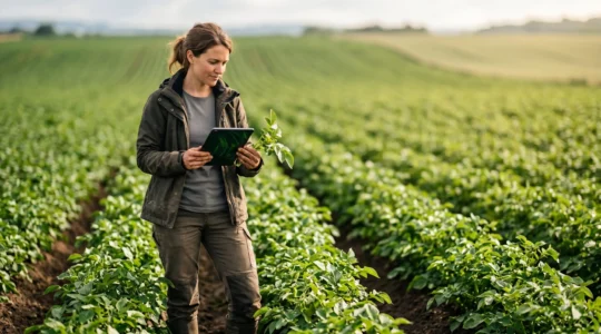 Jeune professionnel en formation pratique sur une exploitation agricole moderne