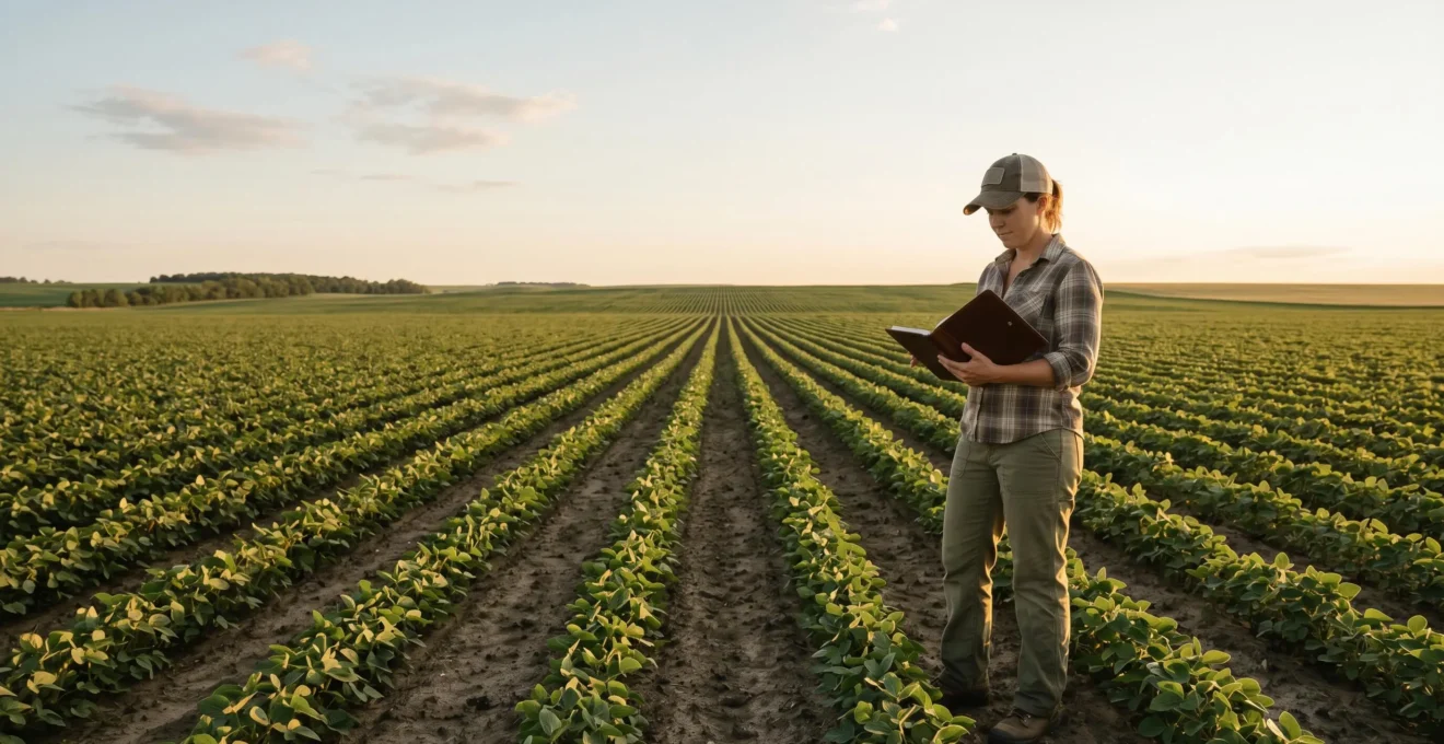 Professionnel agricole consultant des données de production dans un environnement naturel sans écrans visibles