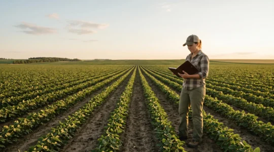 Professionnel agricole consultant des données de production dans un environnement naturel sans écrans visibles
