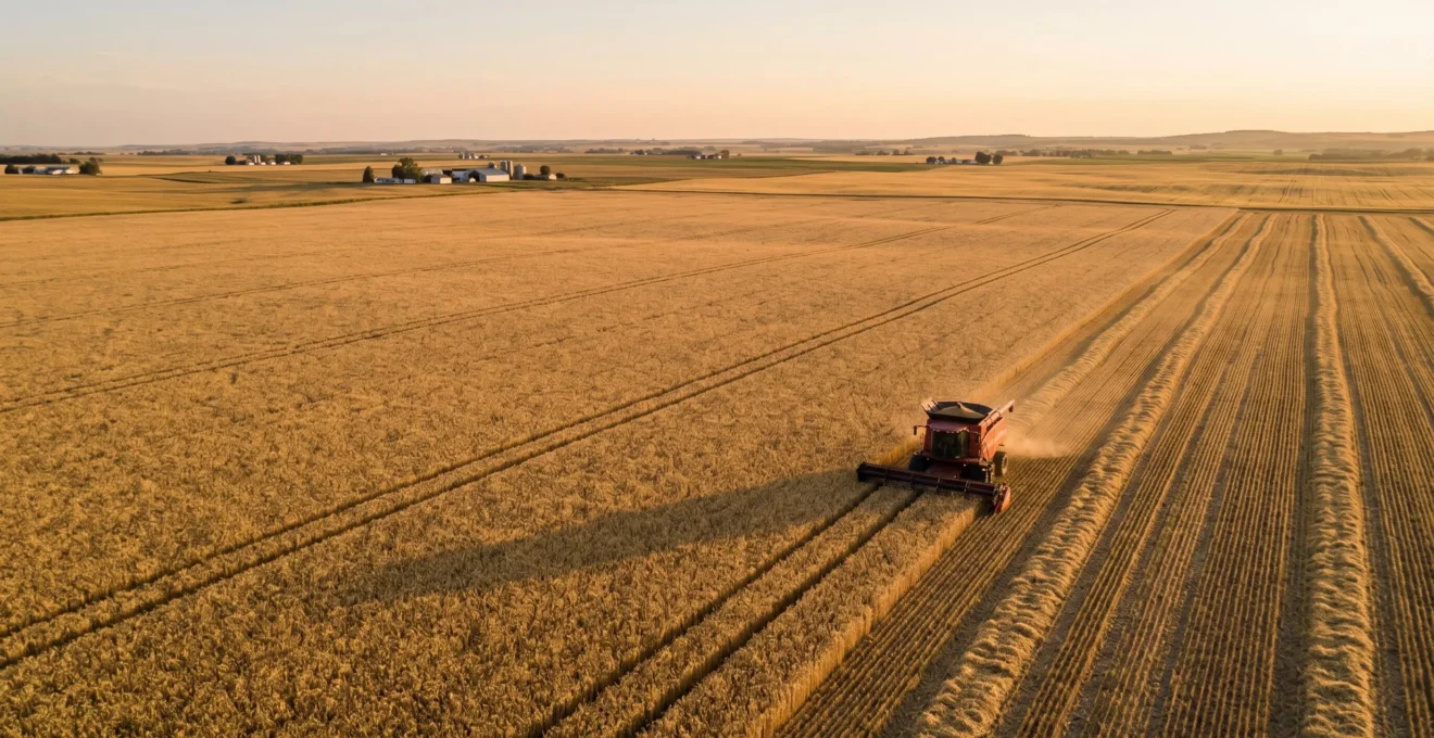 Vue aérienne d'une exploitation agricole en pleine moisson avec moissonneuse et équipe coordonnée