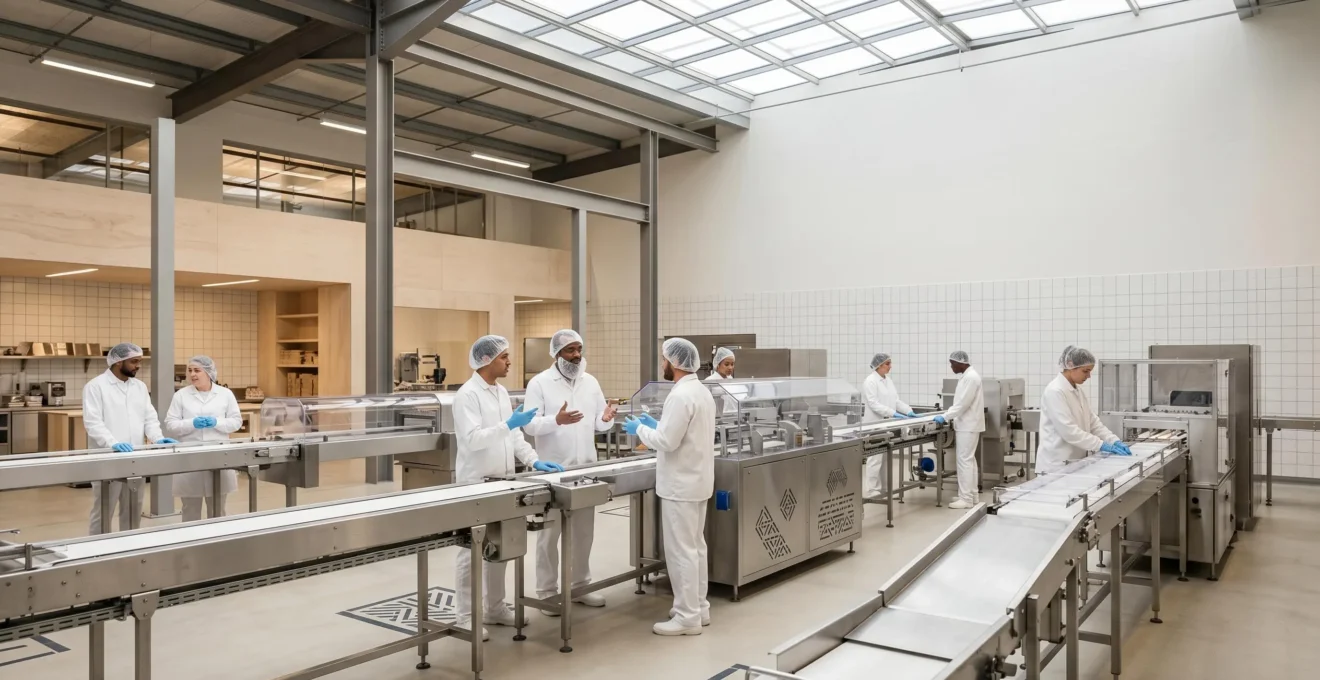 Vue d'ensemble moderne d'une chaîne de production alimentaire française avec technologies avancées et équipes professionnelles