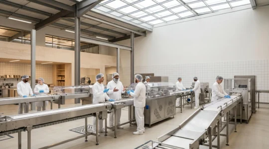 Vue d'ensemble moderne d'une chaîne de production alimentaire française avec technologies avancées et équipes professionnelles