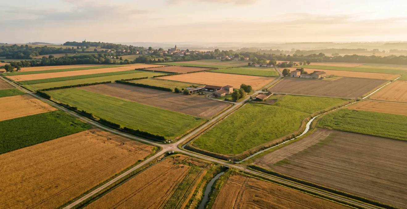 Paysage agricole français avec parcelles cultivées et infrastructures rurales illustrant l'influence des politiques publiques sur le territoire
