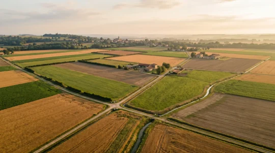 Paysage agricole français avec parcelles cultivées et infrastructures rurales illustrant l'influence des politiques publiques sur le territoire
