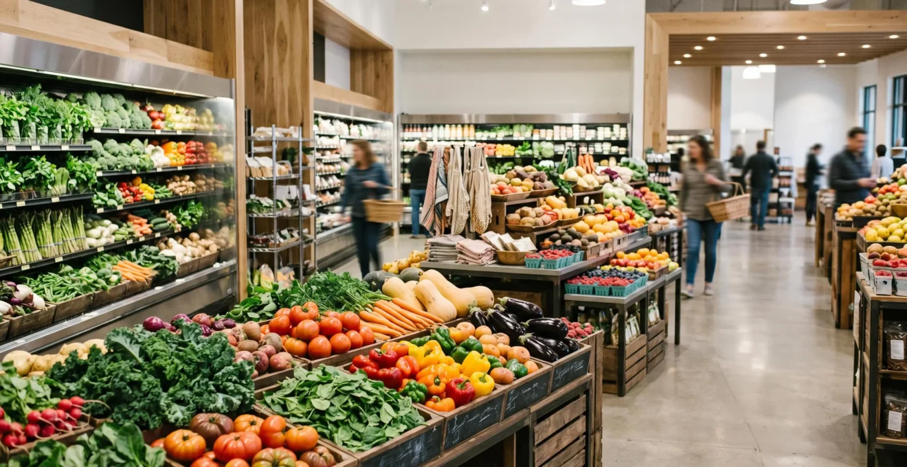 Rayon de produits agricoles frais en grande distribution avec mise en scène soignée et merchandising optimisé