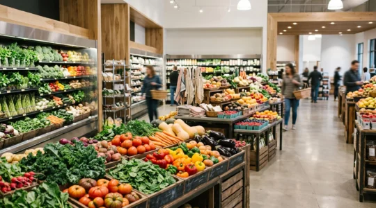 Rayon de produits agricoles frais en grande distribution avec mise en scène soignée et merchandising optimisé