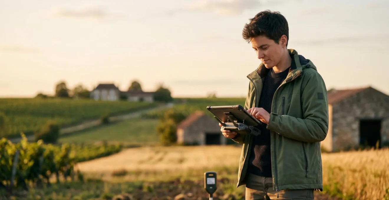 Professionnel agricole moderne utilisant des technologies de précision dans un environnement rural français