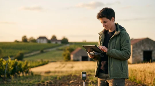 Professionnel agricole moderne utilisant des technologies de précision dans un environnement rural français