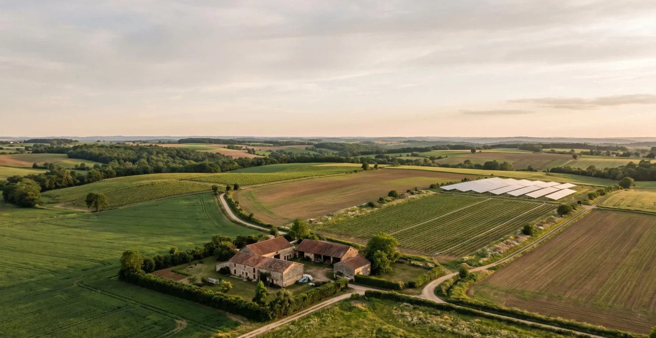 Vue aérienne d'une exploitation agricole française moderne intégrant technologies innovantes et pratiques durables