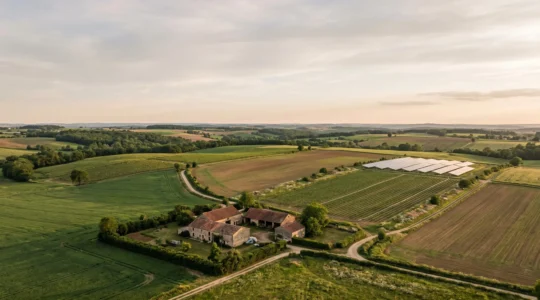 Vue aérienne d'une exploitation agricole française moderne intégrant technologies innovantes et pratiques durables