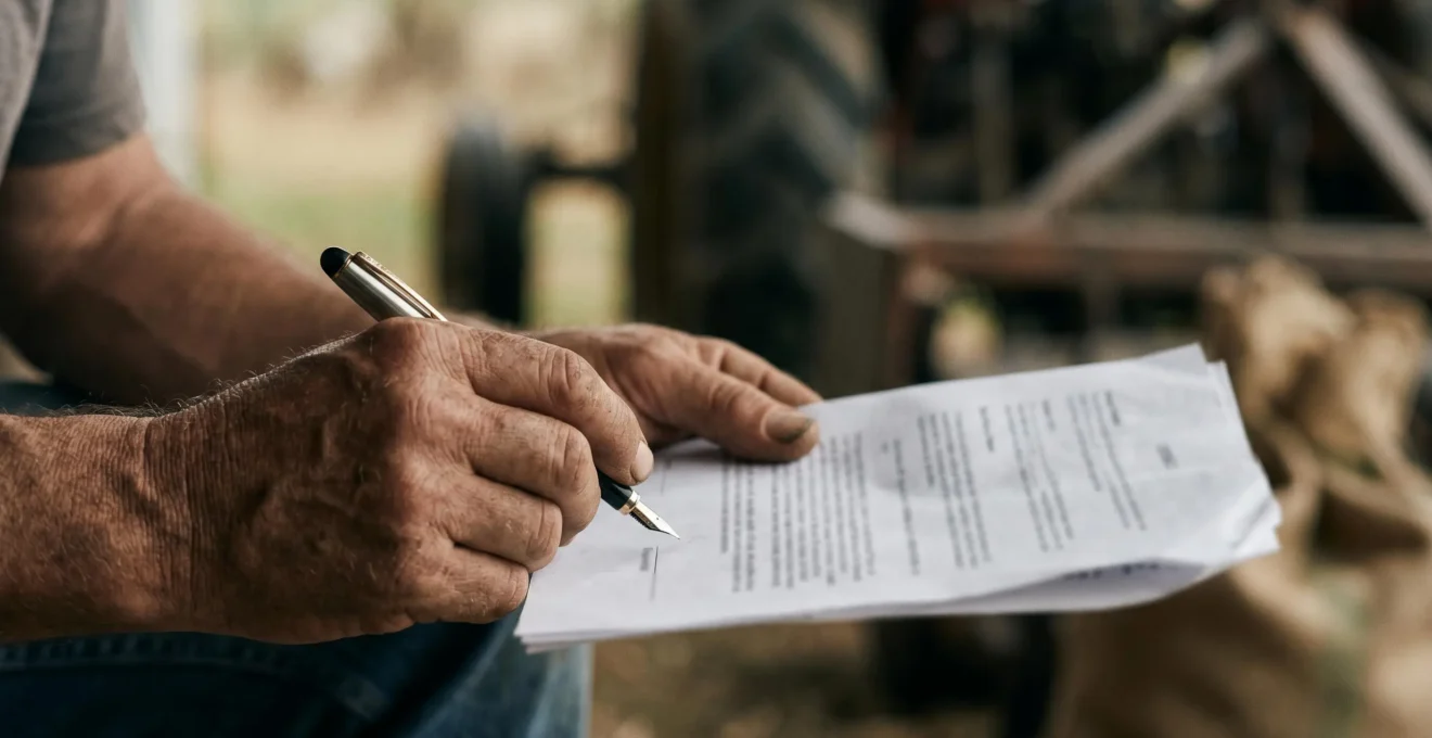 Gros plan sur des mains d'agriculteur tenant un stylo au-dessus de documents contractuels, avec un environnement agricole en arrière-plan