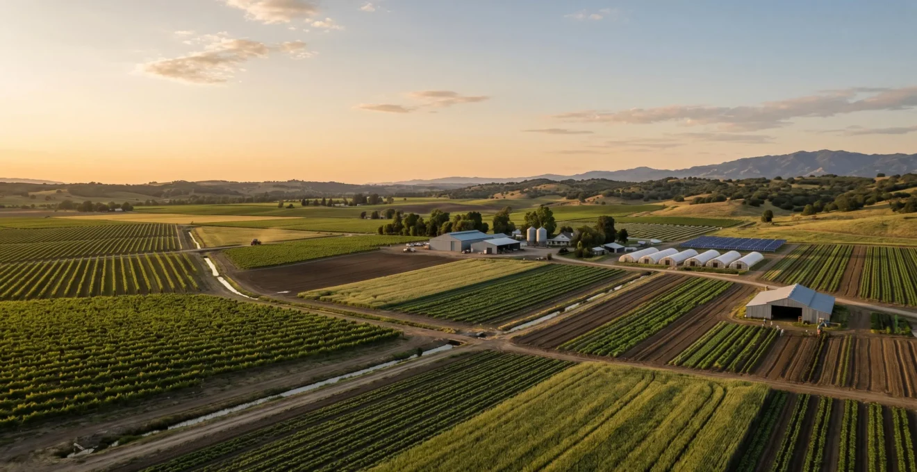 Vue panoramique d'une exploitation agricole moderne avec parcelles diversifiées et infrastructures
