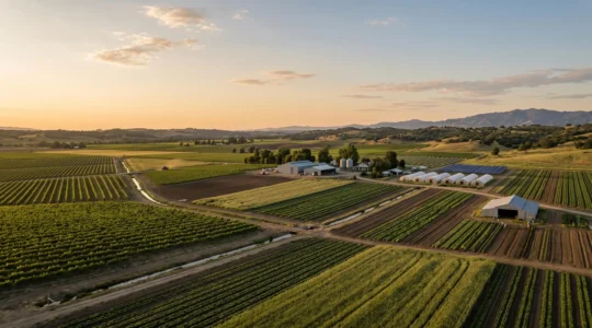 Vue panoramique d'une exploitation agricole moderne avec parcelles diversifiées et infrastructures