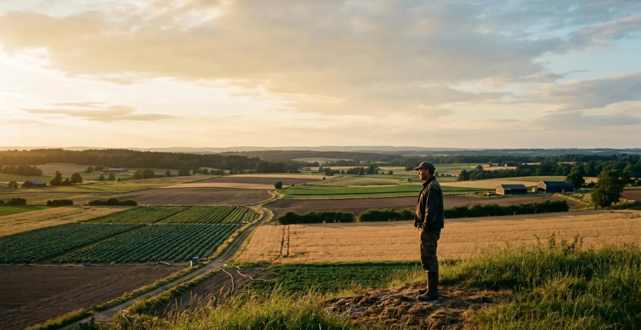 Agriculteur contemplant ses terres cultivées avec parcellaire diversifié sous lumière naturelle